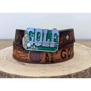 Vintage GOLF Pewter Enamel Buckle & Leather Belt Embossed Cowhide Fits 36"-42"
